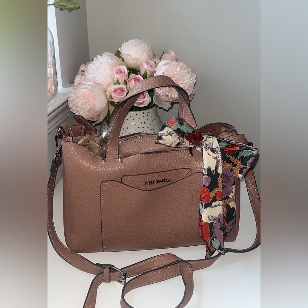 Large Tan Steve Madden Satchel with scarf detail